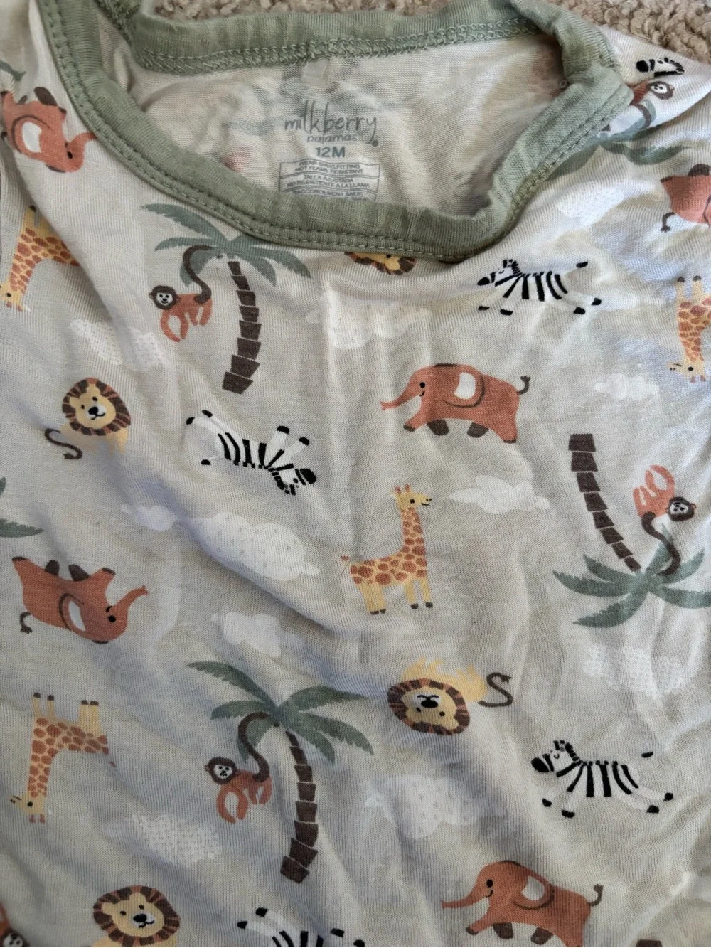 Toddler Short Sleeve Safari Pajama Set - Cream with Olive Trim